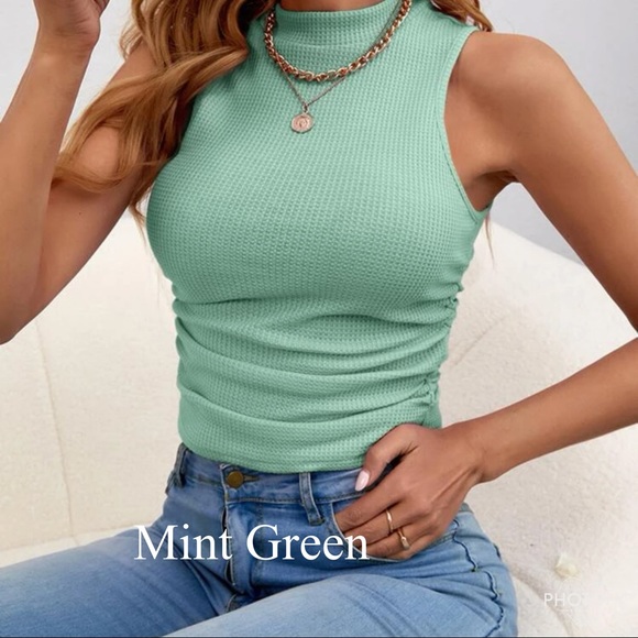 Casual Mock Neck Waffle Ruched sides Knit Tank Top - Picture 9 of 15